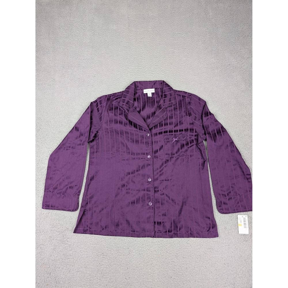 Miss Elaine Pajama Shirt Womens Small Purple Stripe Satin Long Sleeve Sleep